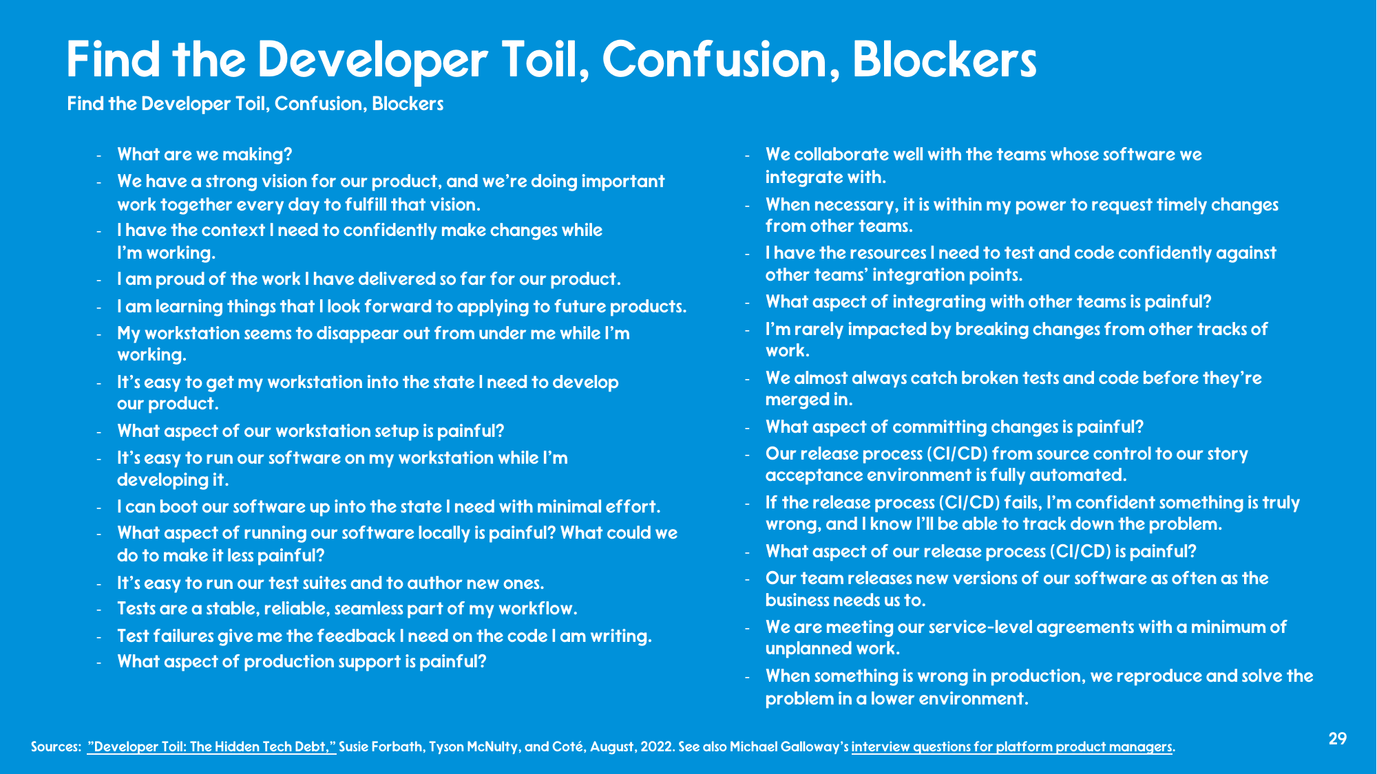 Two-column survey of developer experience questions: workstation setup, running software locally, tests, integration with other teams, committing changes, release process, production support.