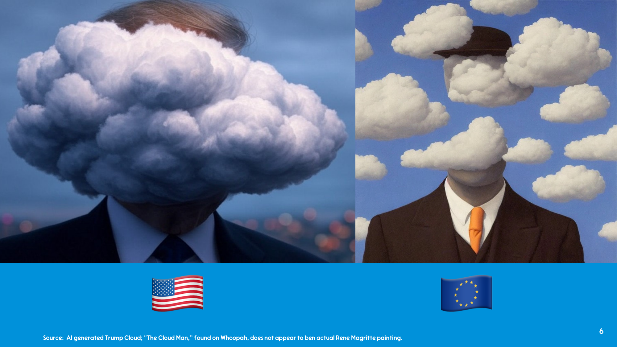 The 'Trump Cloud' joke slide - a Magritte-style 'Cloud Man' painting with US and EU flags, riffing on sovereign cloud politics.