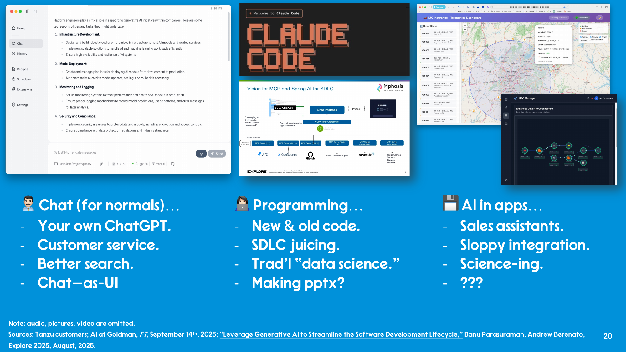 Three-column breakdown: Chat for normals (your own ChatGPT, customer service, better search, chat-as-UI); Programming (new and old code, SDLC juicing, traditional data science, making pptx); AI in apps (sales assistants, sloppy integration, science-ing).